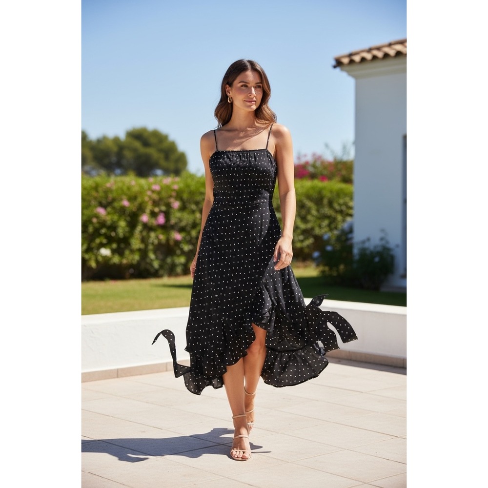 Jessica Simpson Black & White Polka Dot‎ Asymmetrical Ruffle Hem Dress NWT